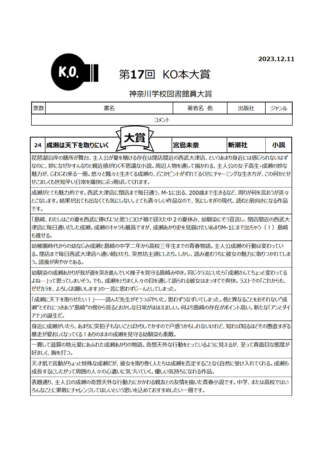 第17回ＫＯ本大賞会員コメントリスト