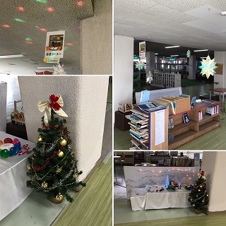 本校図書コーナーのクリスマスツリーと装飾